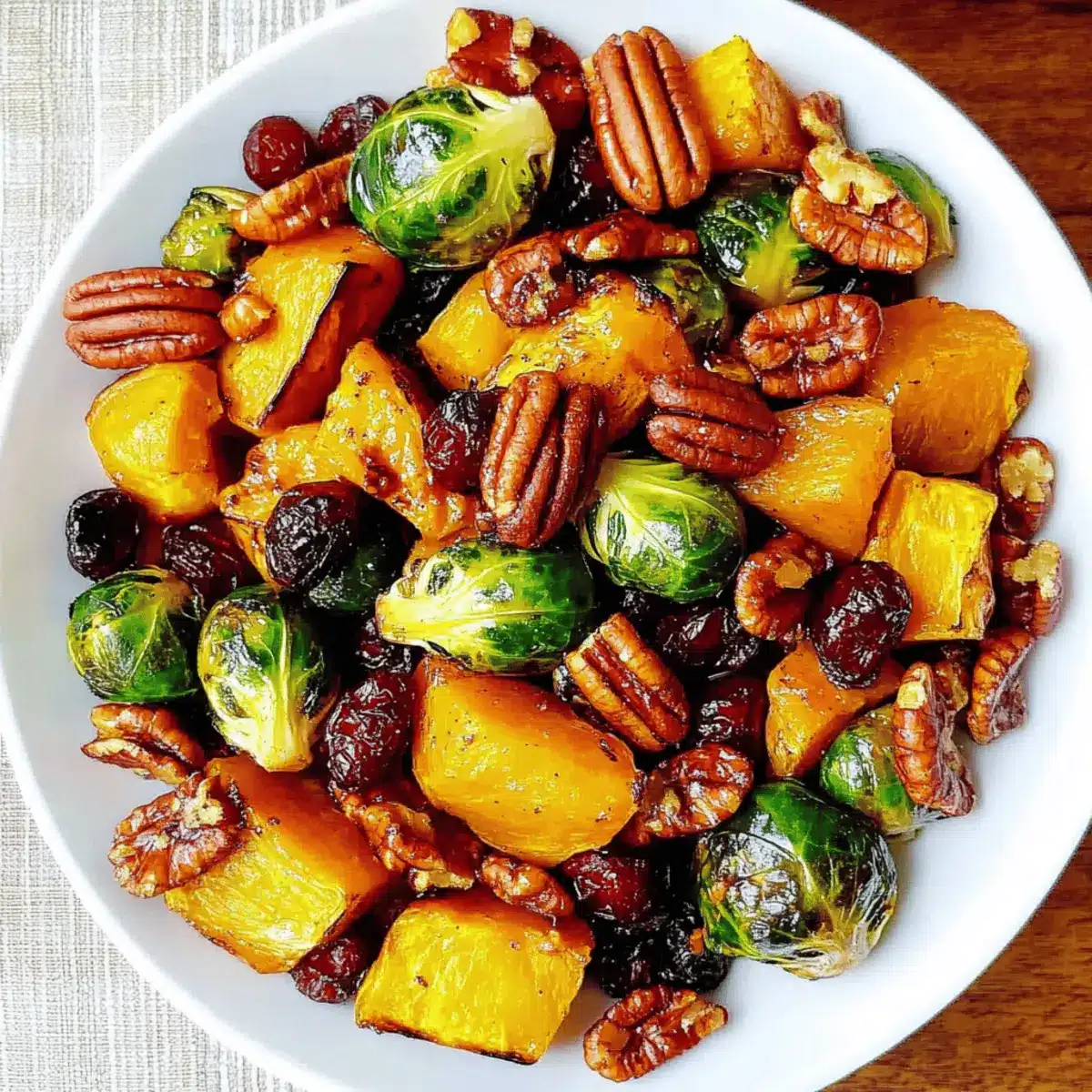 Roasted Brussels Sprouts and Cinnamon Butternut Squash with Pecans and Cranberries
