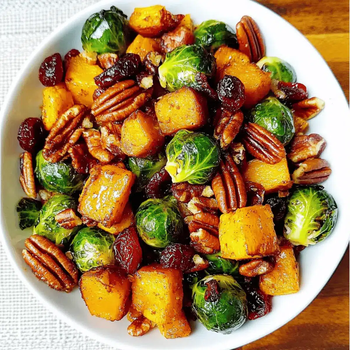 Roasted Brussels Sprouts and Cinnamon Butternut Squash with Pecans and Cranberries