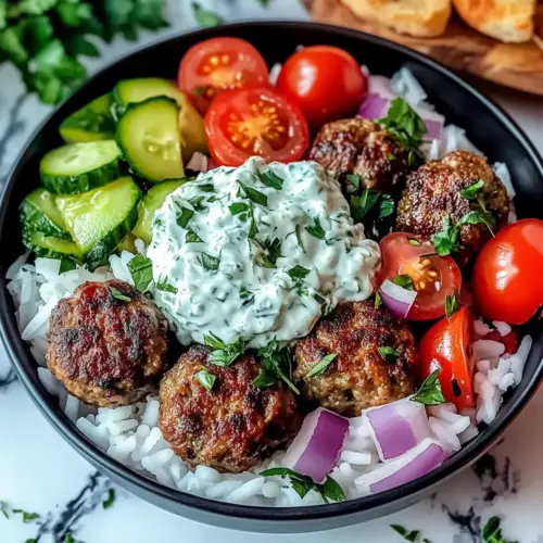 Greek Meatball Bowl with Tzatziki, Rice & Fresh Veggies