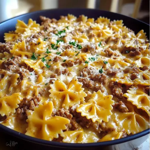 Cajun Cream Cheese Alfredo Bowties with Spiced Ground Beef