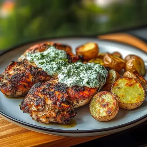 Spicy Yogurt Marinated Chicken with Dill Feta Cream & Crispy Baby Potatoes