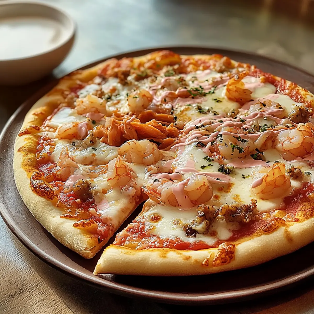 Seafood Pizza with a Pink Sauce