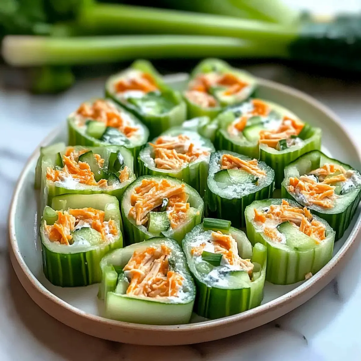 Healthy Buffalo Chicken Cucumber Rolls