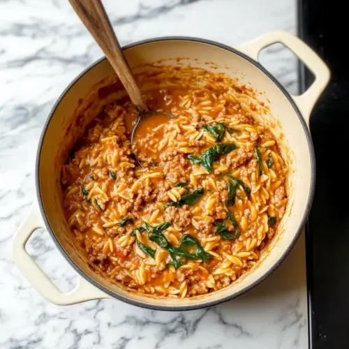 Ground Beef Orzo with Tomato Cream Sauce