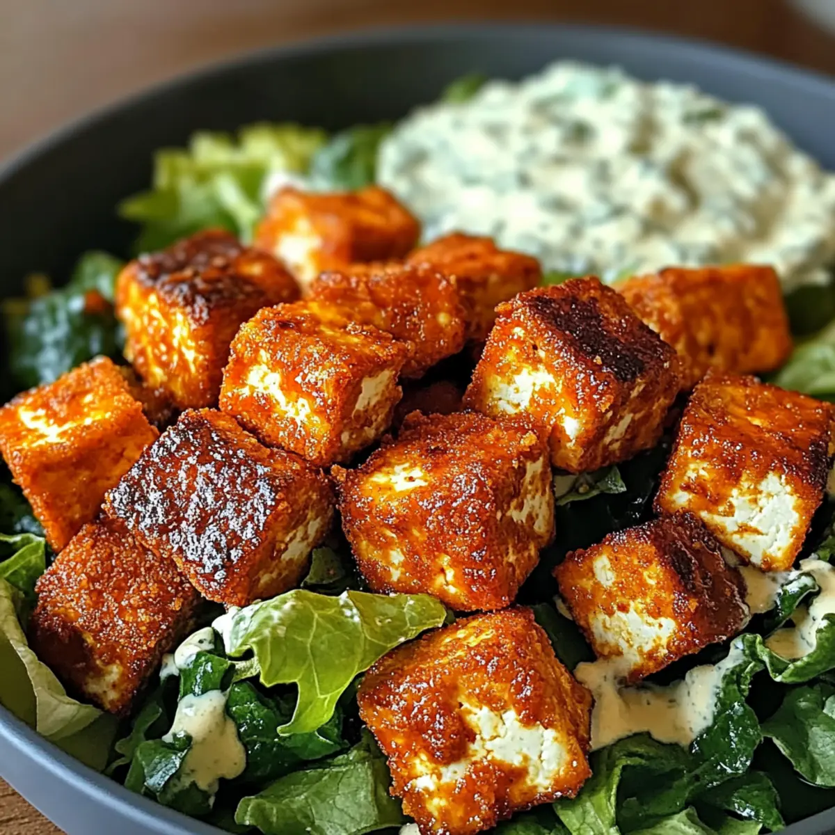 Crispy Buffalo Tofu with Creamy Caesar Salad