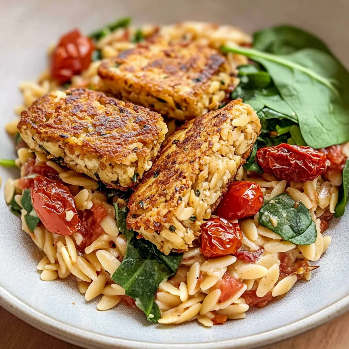 Creamy Tomato Orzo with Crispy Tofu Cutlets